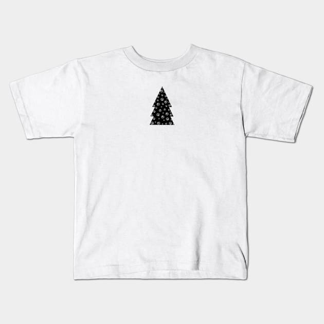 Doodle white paw prints with black Christmas tree Kids T-Shirt by GULSENGUNEL